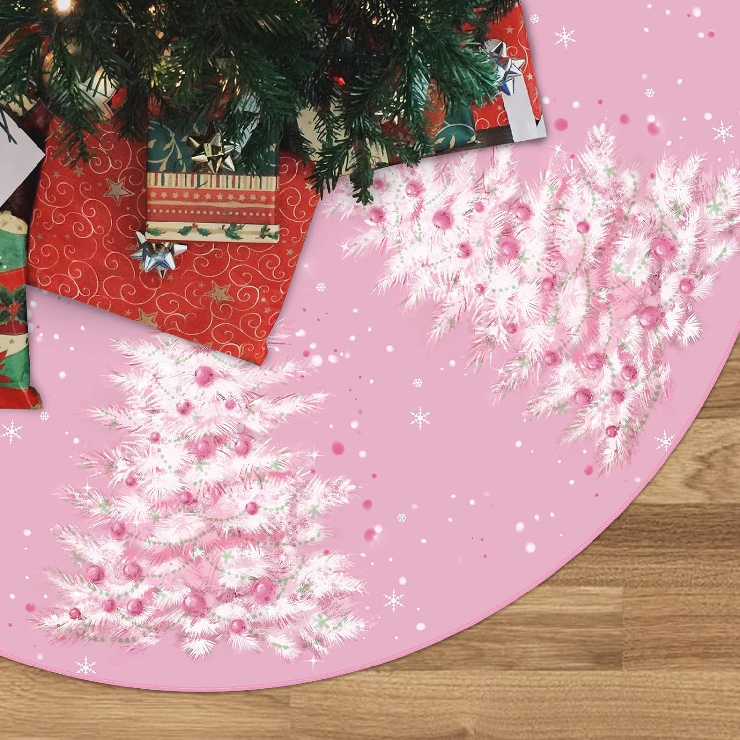 Great Choice Products Christmas Tree Skirt Pink Christmas Tree Skirt 48Inch Xmas Winter Tree Skirt For Christmas Indoor Outdoor Decorations