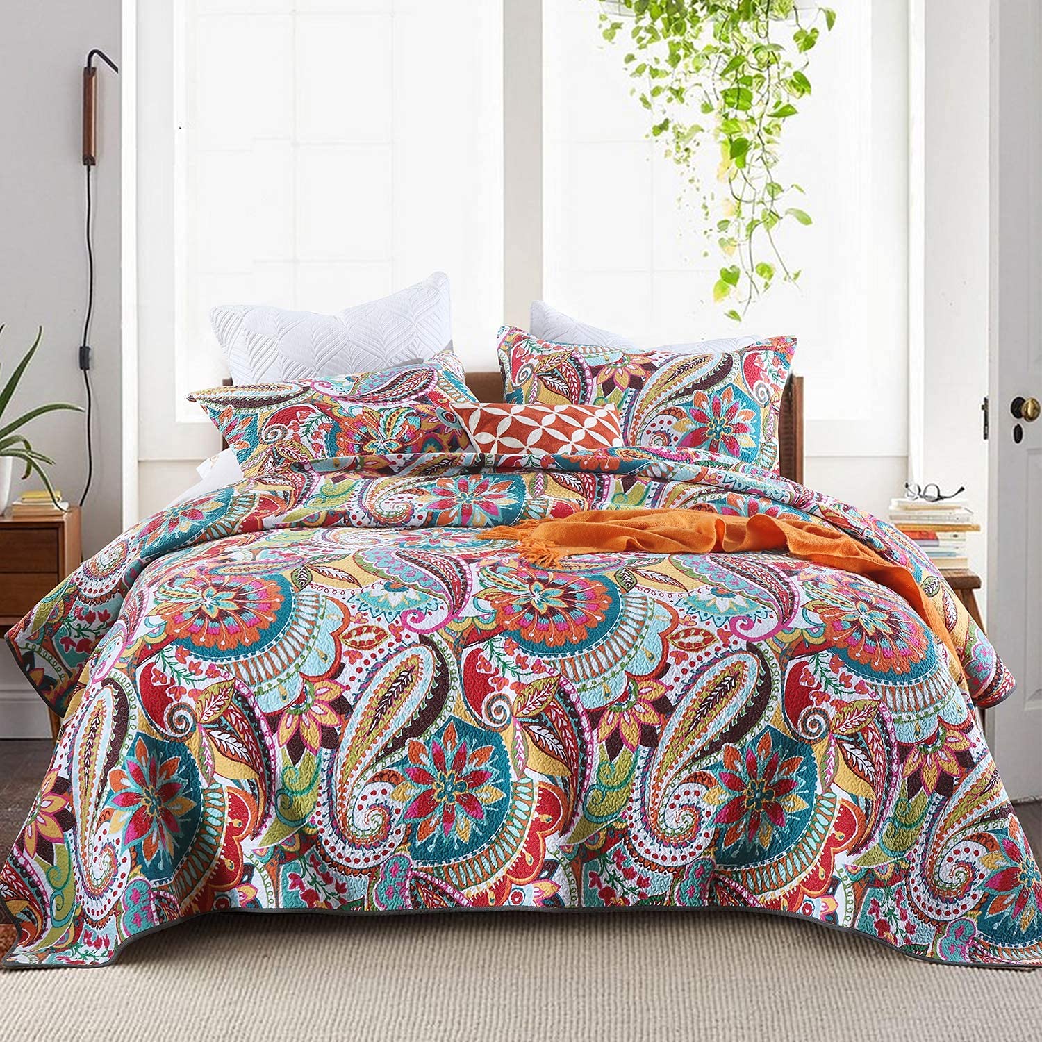 Great Choice Products King Quilt Set, Gorgeous Paisley Pattern Bedspreads King Size, Colorful Red, Orange And Blue, Soft Cotton Lightweight Boho Qu…