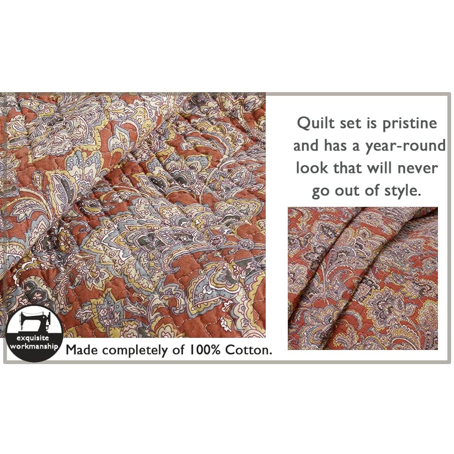 Great Choice Products Red Orange Vintage Reversible 100% Cotton 3Piece Quilt Bedding Set, Coverlet Bedspread (Lara Spice Paisley, King  3 Piece)