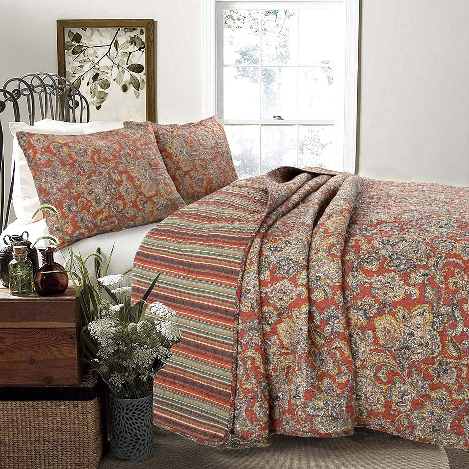 Great Choice Products Red Orange Vintage Reversible 100% Cotton 3Piece Quilt Bedding Set, Coverlet Bedspread (Lara Spice Paisley, King  3 Piece)