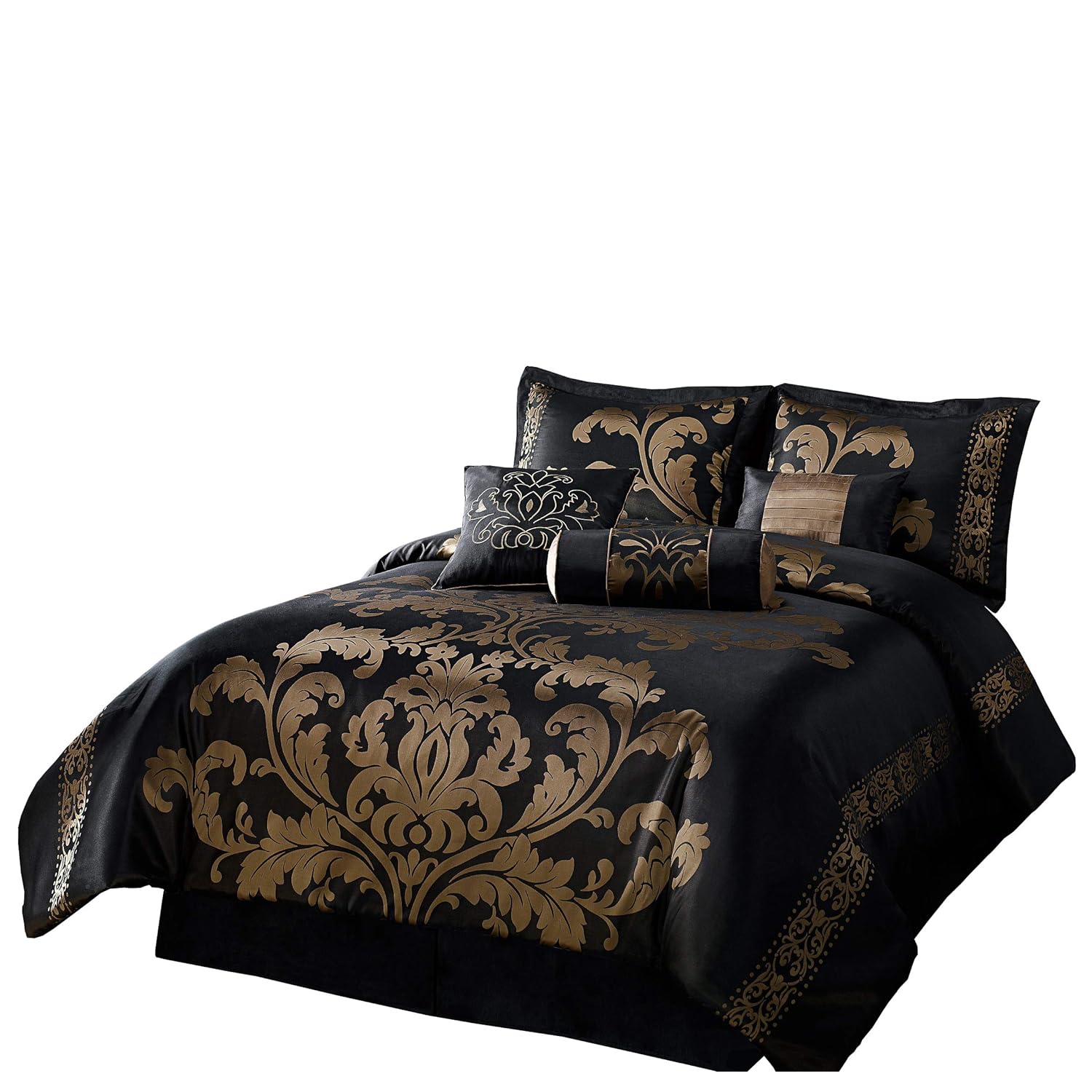 Chezmoi Collection 7Piece Jacquard Floral Comforter Set/BedInABag Set, King, Black Gold
