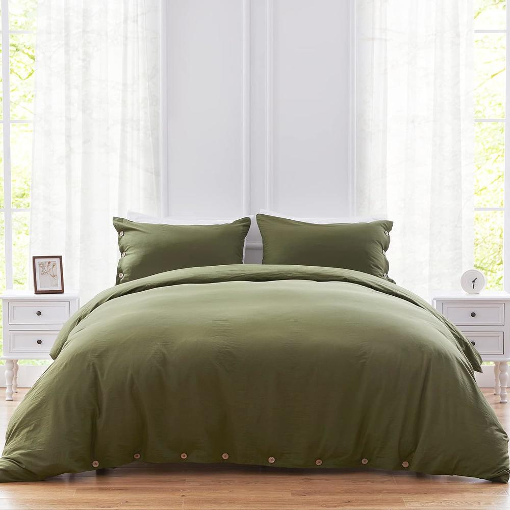 Great Choice Products 100% Washed Cotton Duvet Cover Set Breathable Soft King Olive Green Duvet Cover 3 Pieces Solid Color Bedding Set With Buttons…