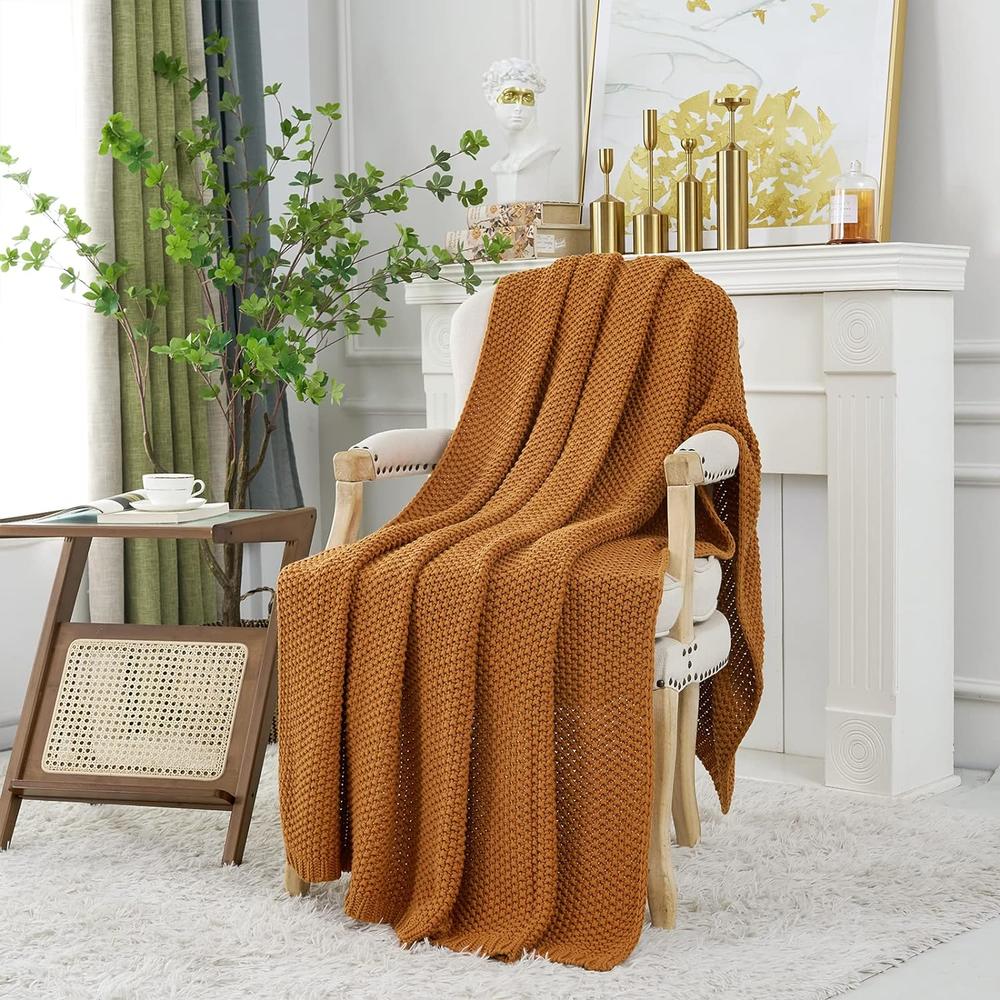 Great Choice Products Chunky Cable Knit Throw Blanket Lightweight Burnt Orange 100% Organic Cotton Blanket For Sofa Couch Bed Baby Nursery, Rustic …