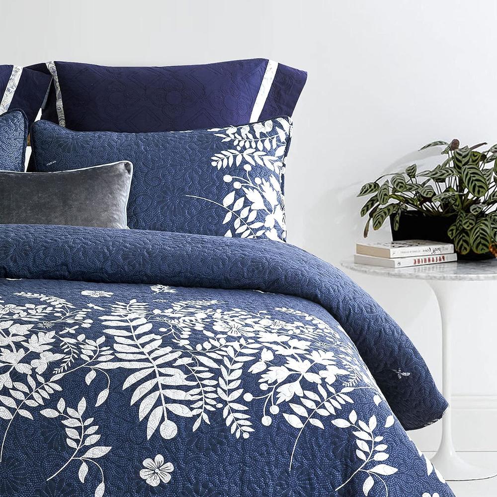 Great Choice Products Navy Blue Quilt Set, Gray Grey Floral Flowers Tree Leaves Modern Pattern Printed, Soft Microfiber Bedspread Coverlet Beddings…