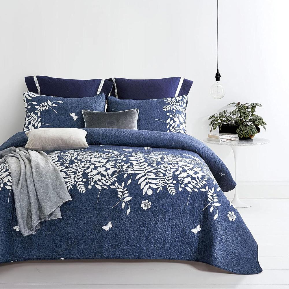 Great Choice Products Navy Blue Quilt Set, Gray Grey Floral Flowers Tree Leaves Modern Pattern Printed, Soft Microfiber Bedspread Coverlet Beddings…