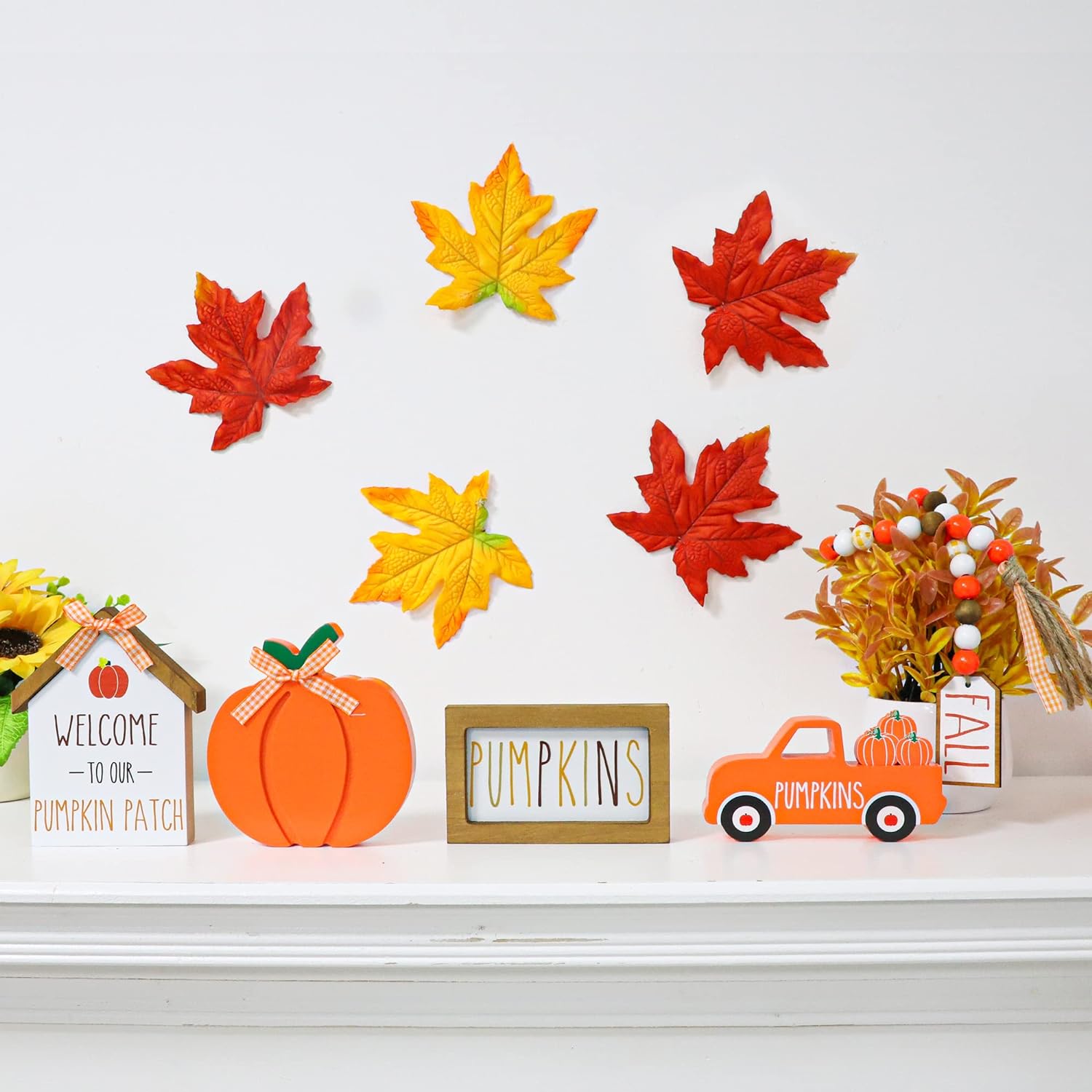 Great Choice Products Fall Decorations For Home  Fall Tiered Tray Decor Set With Pumpkins Truck Farmhouse Wooden Decor Bead Garland, Fall Pumpkins …