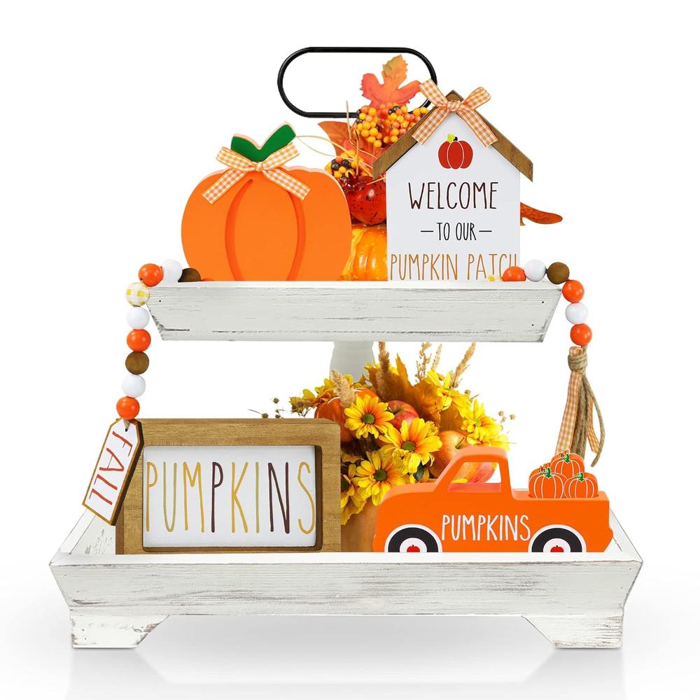 Great Choice Products Fall Decorations For Home  Fall Tiered Tray Decor Set With Pumpkins Truck Farmhouse Wooden Decor Bead Garland, Fall Pumpkins …