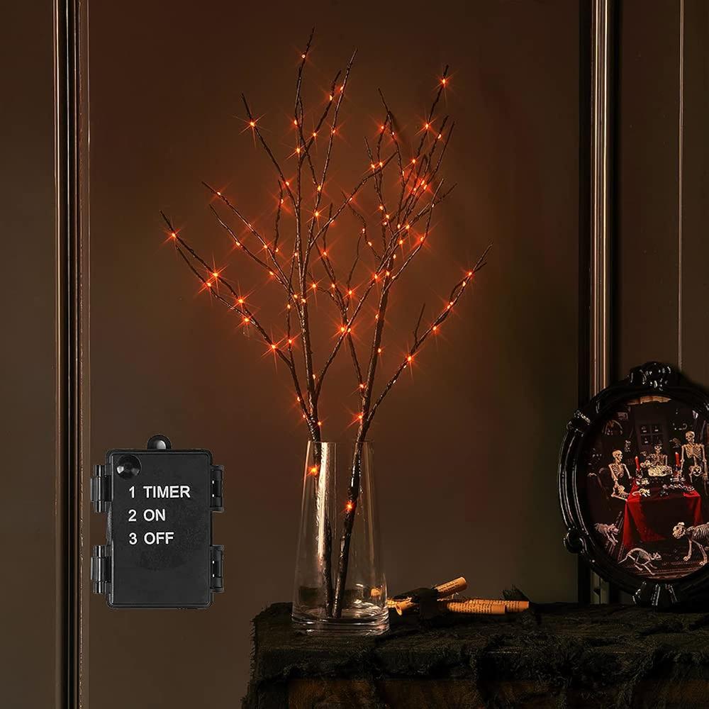 Great Choice Products Halloween Tree Branch Lights 32In 100 Orange Led With Timer, Lighted Black Twig Branches With Fairy Lights For Halloween Deco…