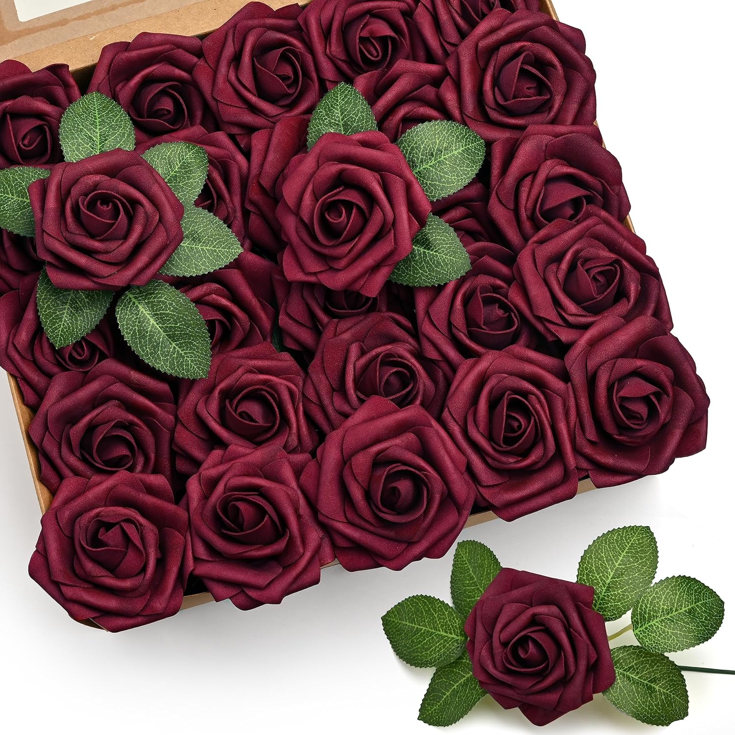 Great Choice Products 50Pcs Artificial Flowers Rose, Burgundy Fake Roses For Decorations, Real Touch Foam Rose Bulk With Stems For Diy Wedding Bouq…