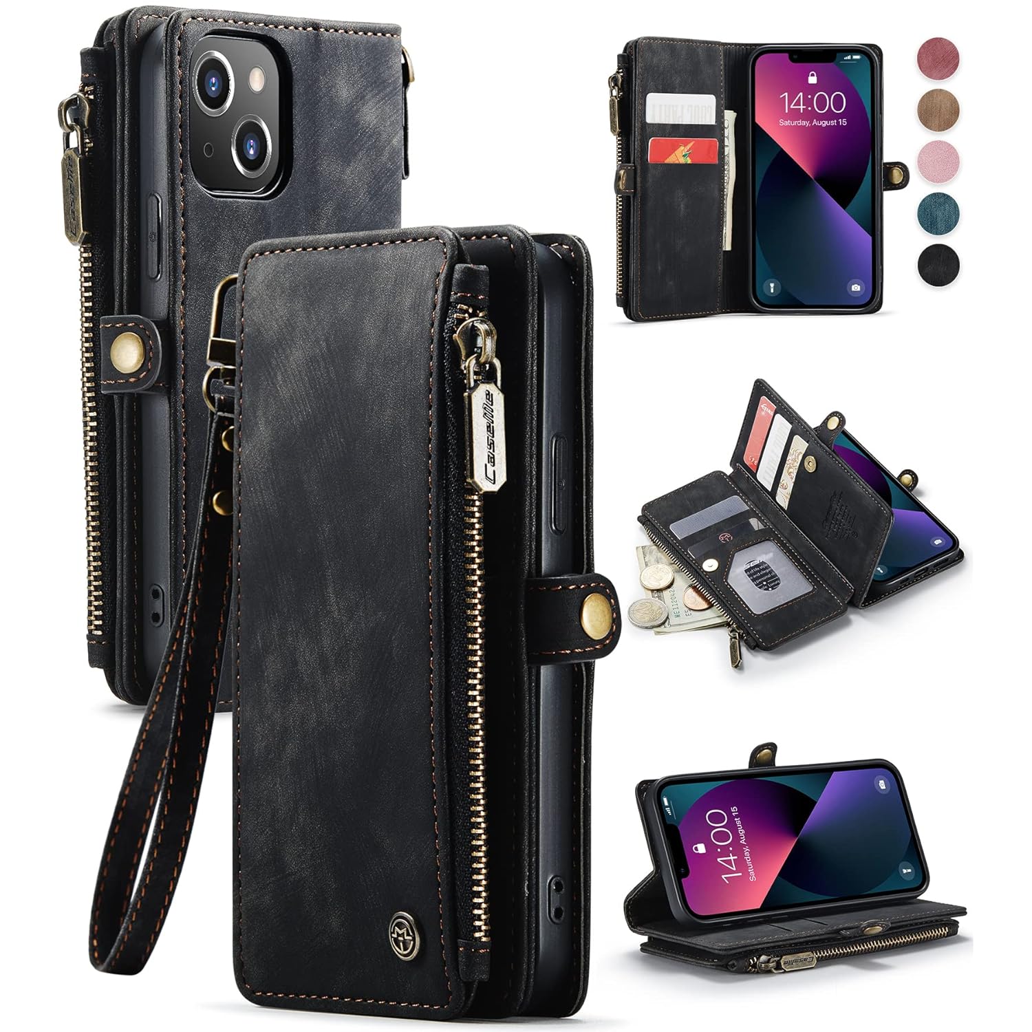 Zell Electronics Zell For Iphone 13 Case, Iphone 13 Case Wallet For Women Men, Fashion Durable Pu Leather Magnetic Flip Lanyard Strap Wristlet…