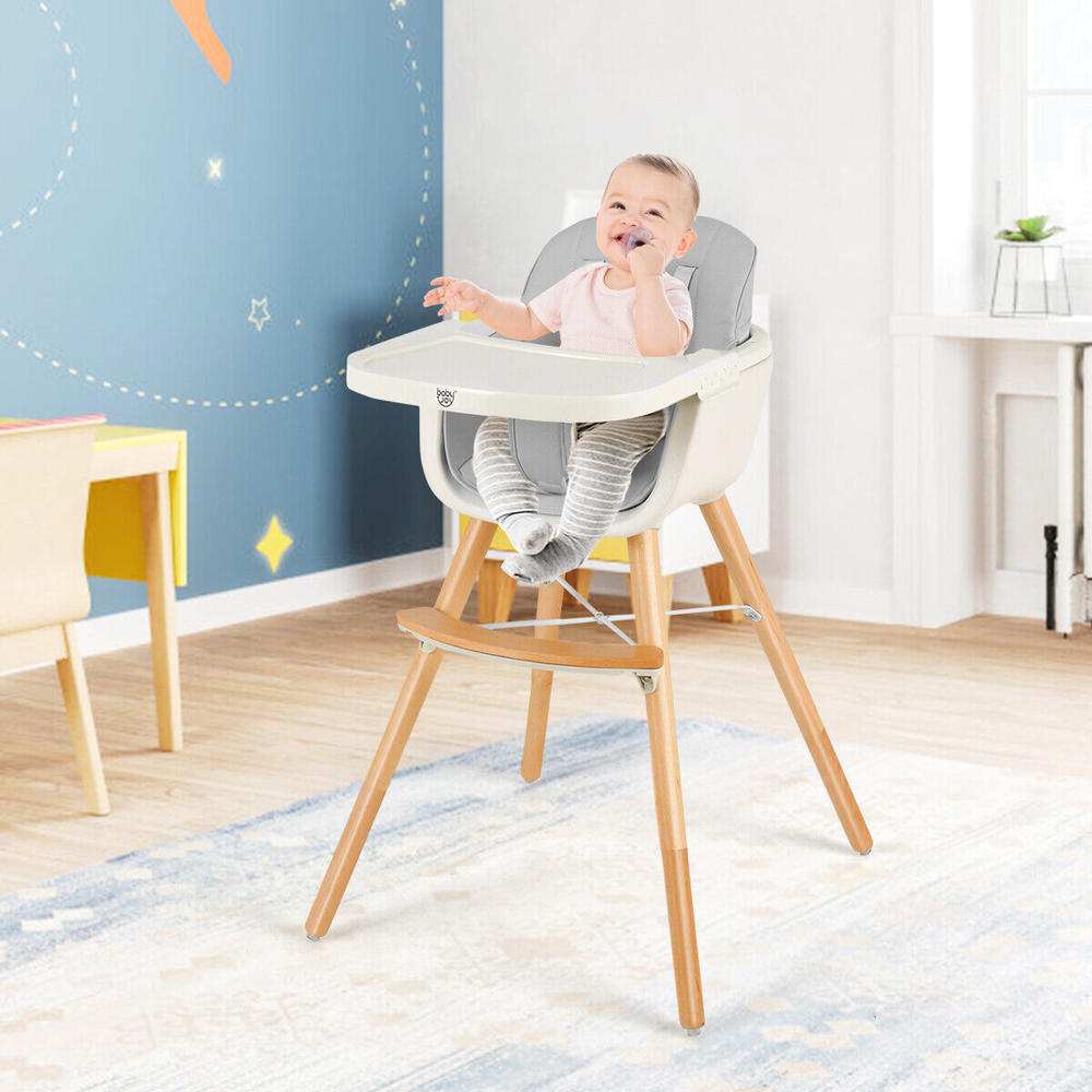 Great Choice Products 3 In 1 Convertible Wooden Toddler Highchair W/ Cushion Baby Gift Gray