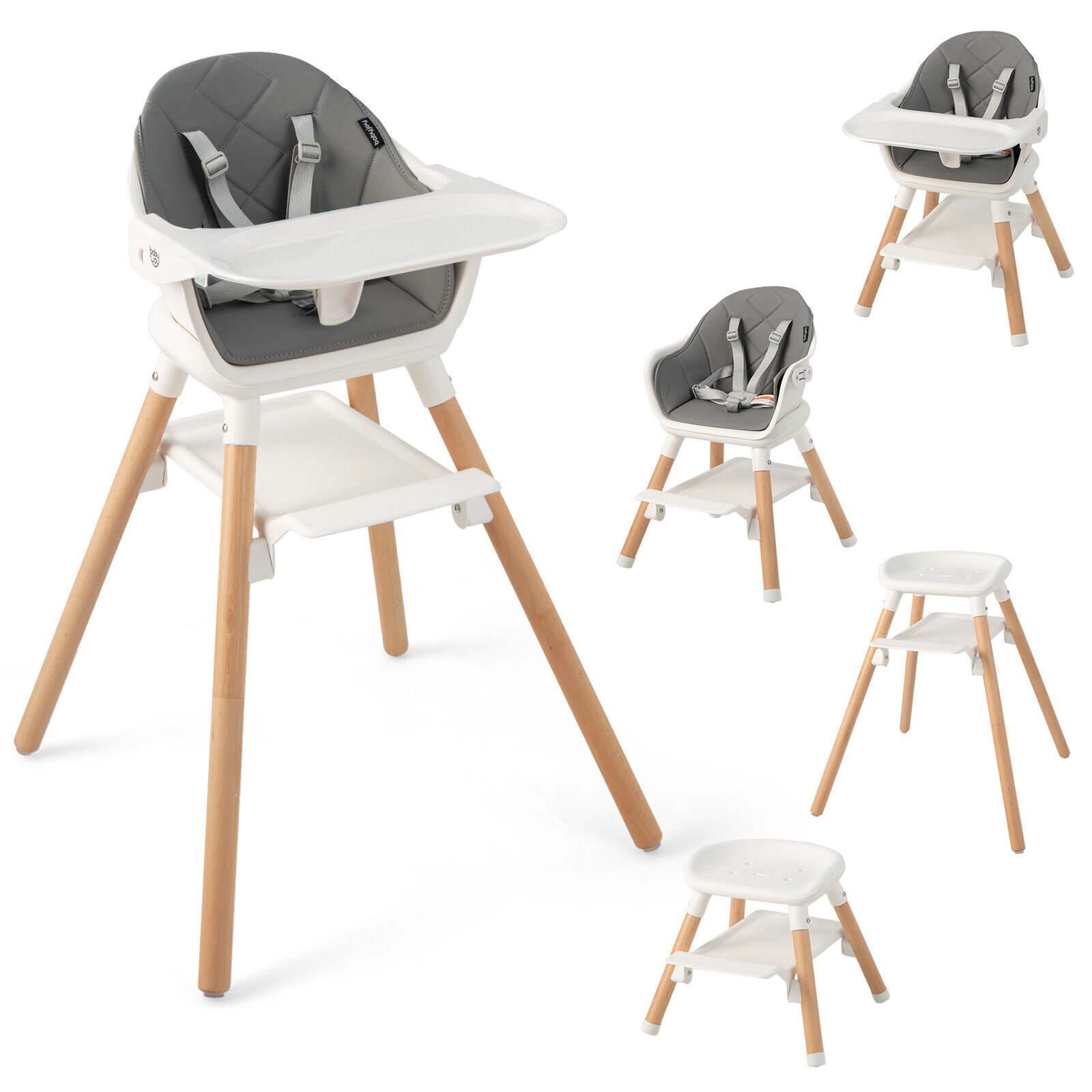 Great Choice Products 6-In-1 Convertible Wooden Baby Highchair Infant Feeding Chair W/ Removable Tray