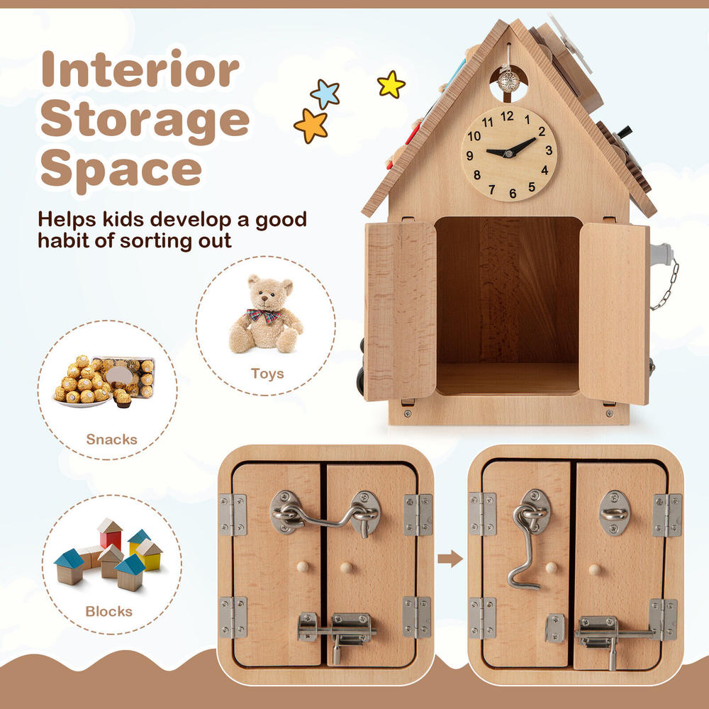 Great Choice Products Wooden Busy House Montessori Toy W/ Sensory Games & Interior Storage Space