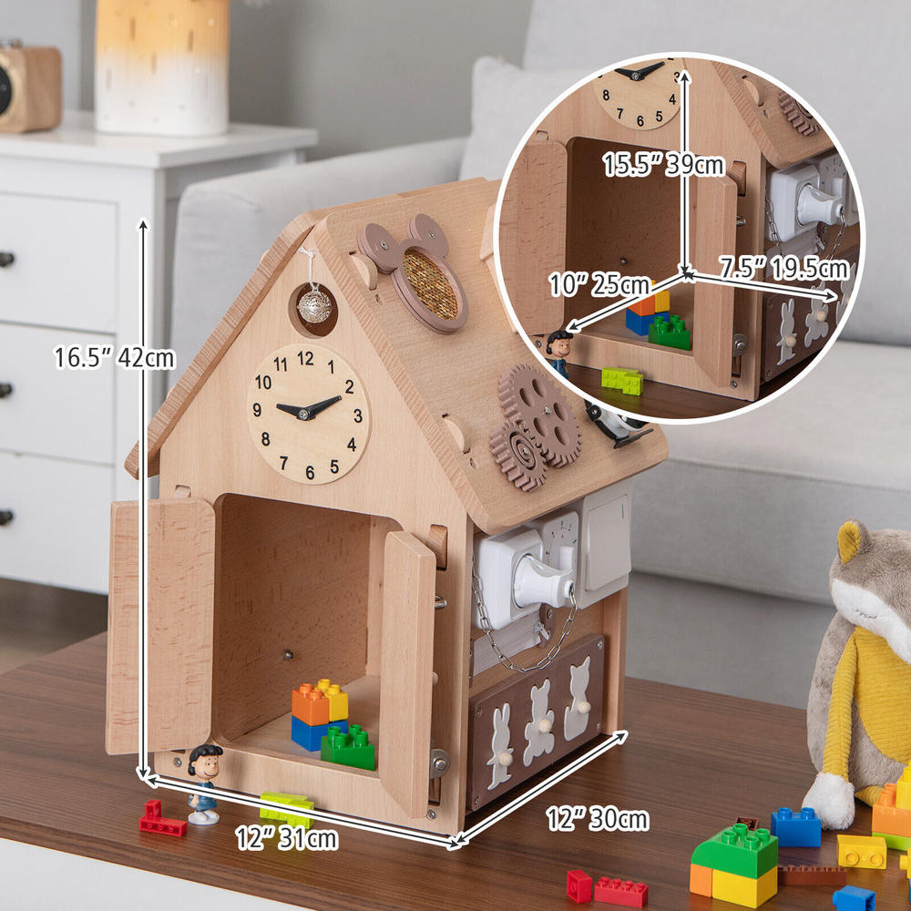 Great Choice Products Wooden Busy House Montessori Toy W/ Sensory Games & Interior Storage Space