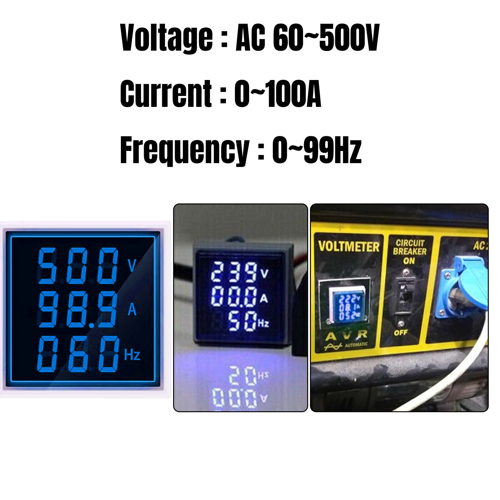 Great Choice Products Ac 60-500V 0-100A 0-99Hz 3In1 Voltmeter Ammeter Digital Volt Amp Frequency Meter