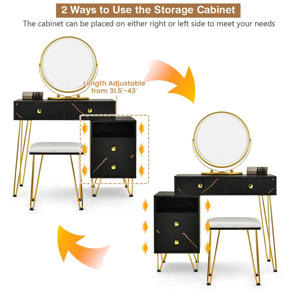 Great Choice Products Vanity Table Set W/ Rotatable Led Lighted Mirror Makeup Dressing Table Black