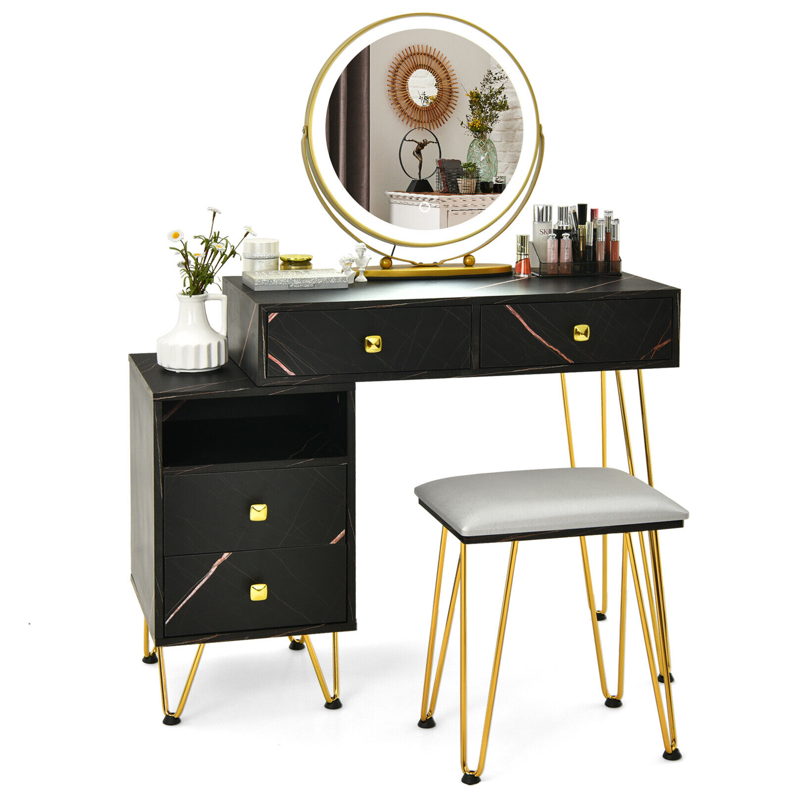 Great Choice Products Vanity Table Set W/ Rotatable Led Lighted Mirror Makeup Dressing Table Black