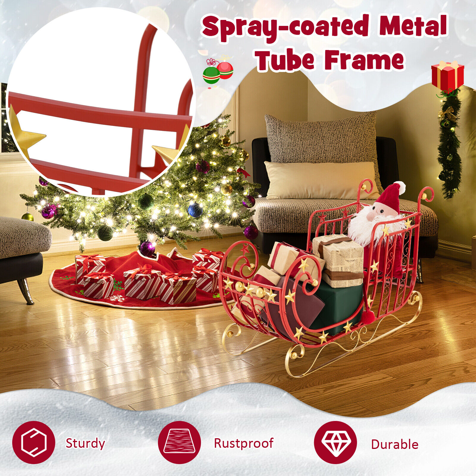 Great Choice Products Red Santa Sleigh W/ Large Cargo Area For Gifts Metal Christmas Holiday Decor