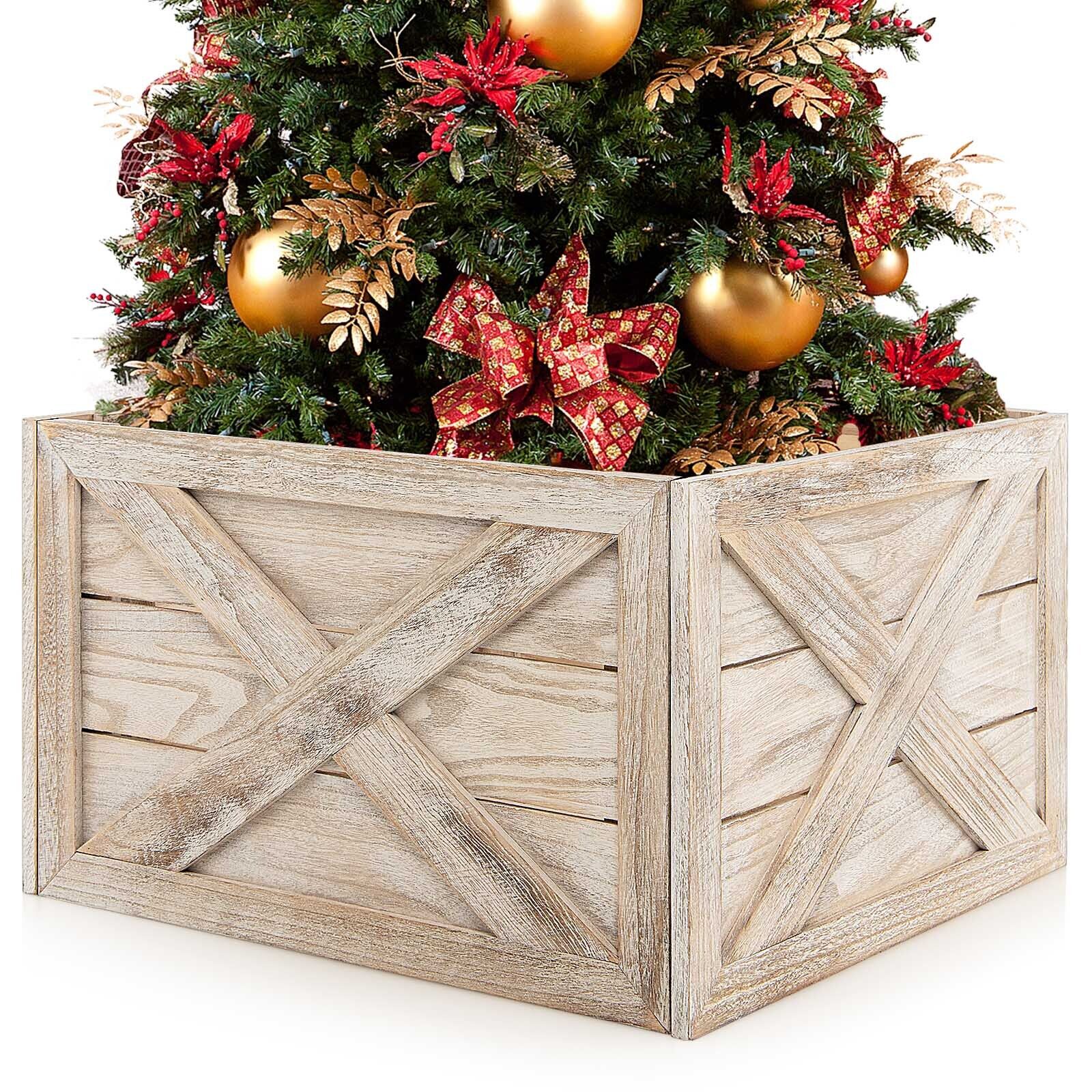 Great Choice Products Wooden Tree Box Stand Armhouse Christmas Tree Skirt Cover 30.5 × 22.5 In Brown