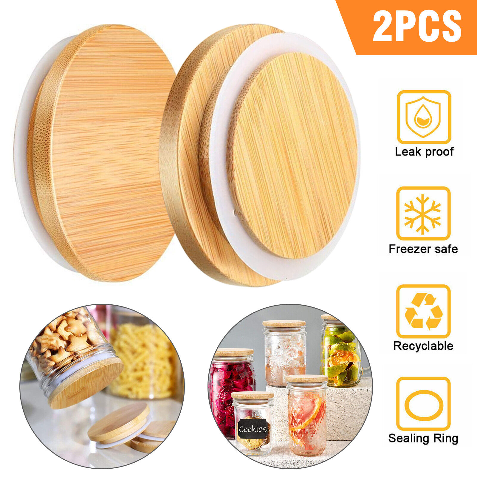 Great Choice Products 2 Pcs Bamboo Jar Lids Sealed Storage Cover For Regular Wide Mouth Mason Canning