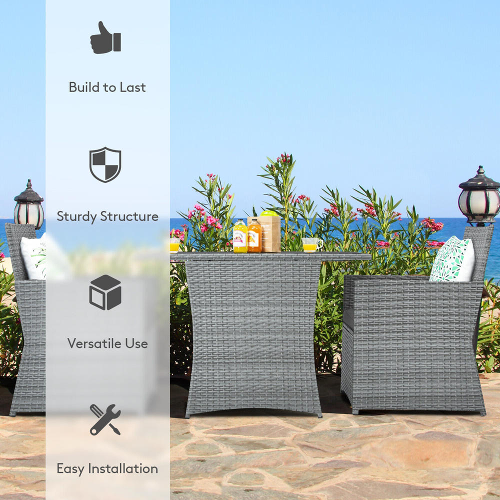 Great Choice Products Patio 3Pcs Rattan Furniture Set Cushioned Sofa Armrest Garden Gray