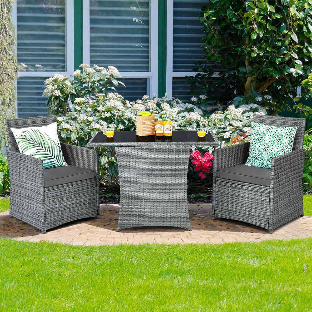 Great Choice Products Patio 3Pcs Rattan Furniture Set Cushioned Sofa Armrest Garden Gray
