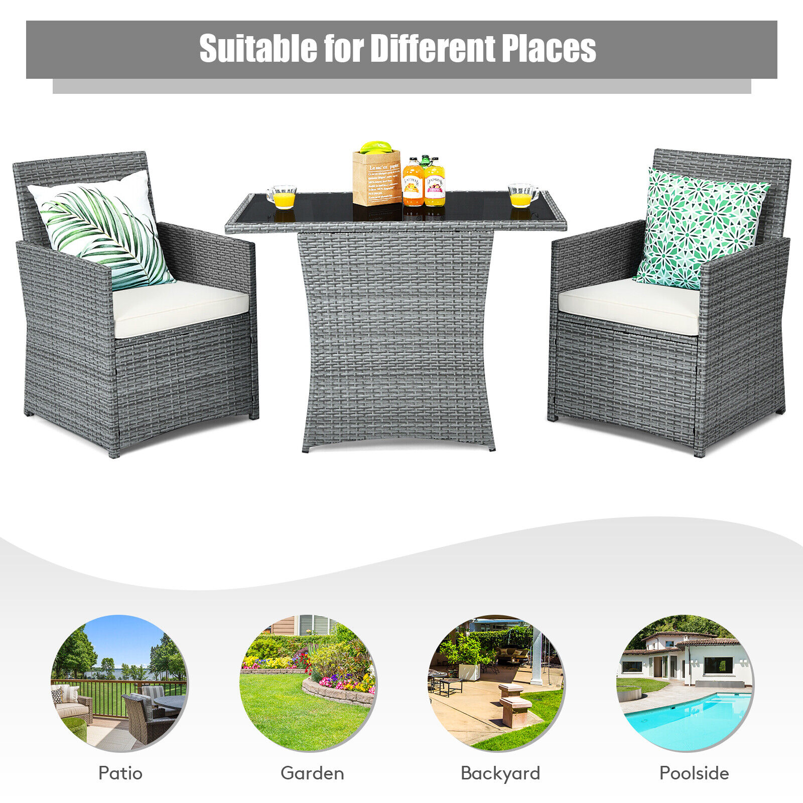 Great Choice Products Patio 3Pcs Rattan Furniture Set Cushioned Sofa Armrest Garden White