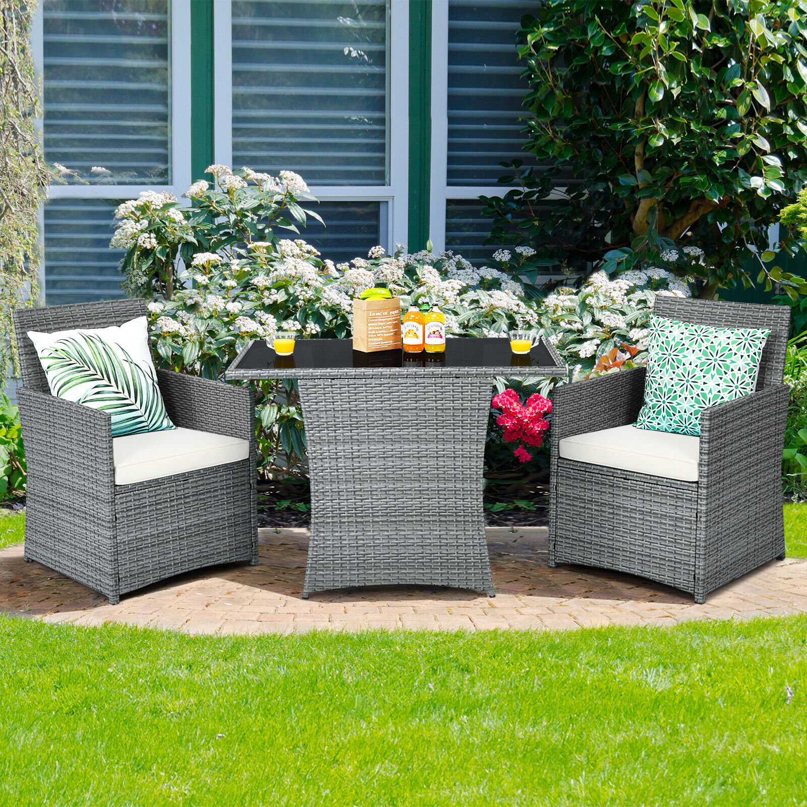 Great Choice Products Patio 3Pcs Rattan Furniture Set Cushioned Sofa Armrest Garden White