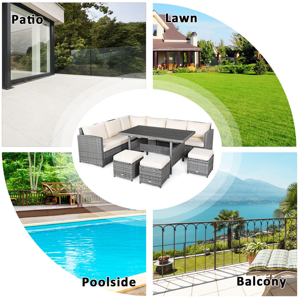 Great Choice Products 7 Pcs Patio Rattan Dining Set Sectional Sofa Couch Ottoman Garden White