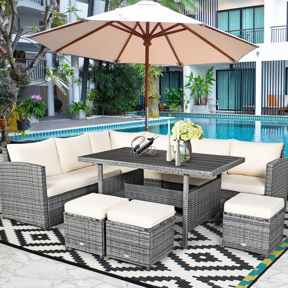Great Choice Products 7 Pcs Patio Rattan Dining Set Sectional Sofa Couch Ottoman Garden White