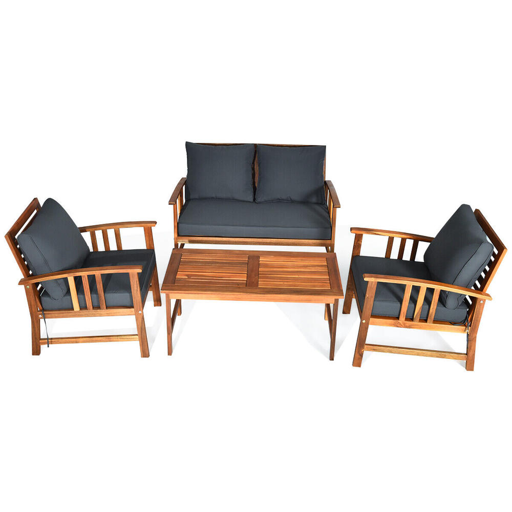 Great Choice Products 4Pcs Durable Wood Patio Table Chiar Sofa Set Cushioned Chair Home Garden