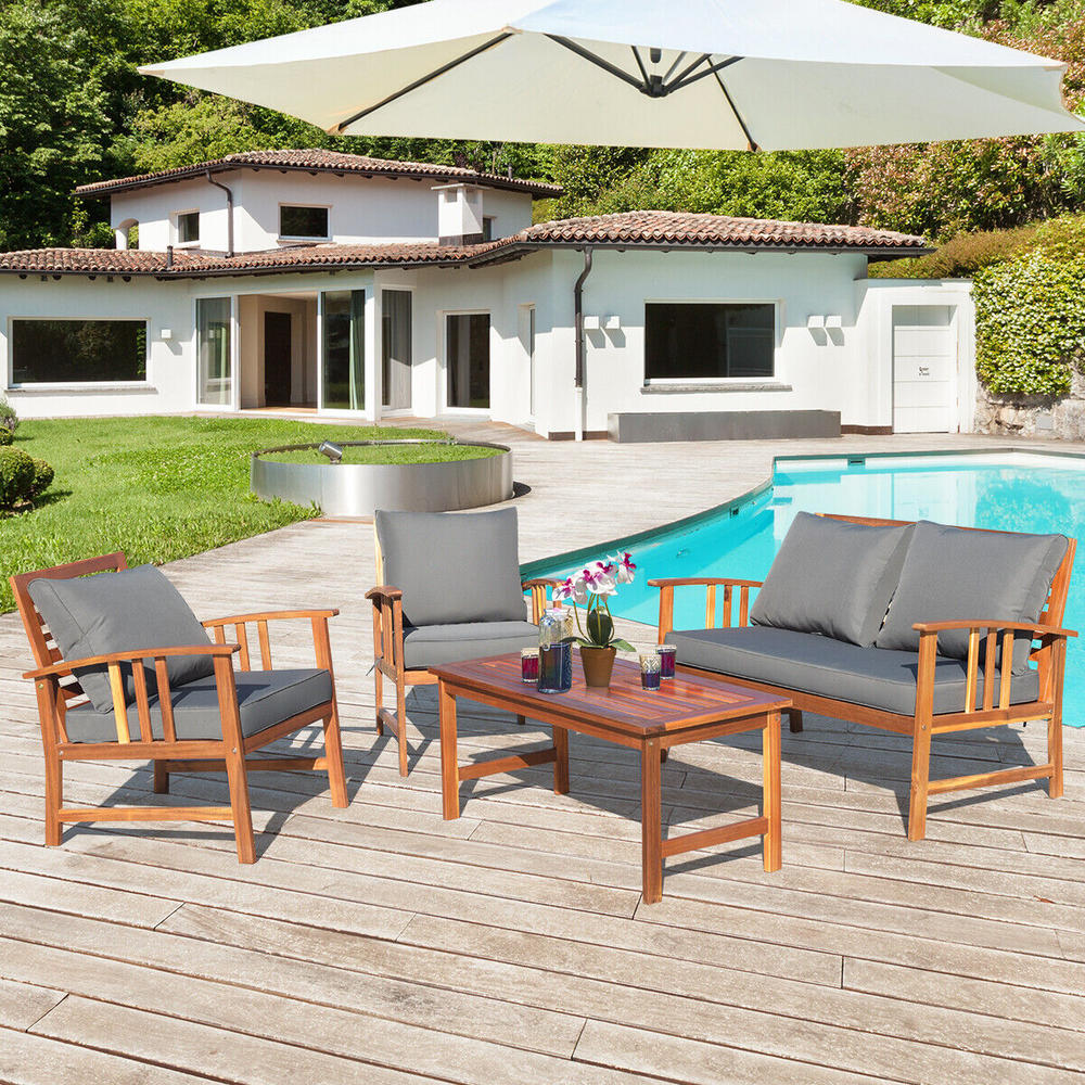 Great Choice Products 4Pcs Durable Wood Patio Table Chiar Sofa Set Cushioned Chair Home Garden