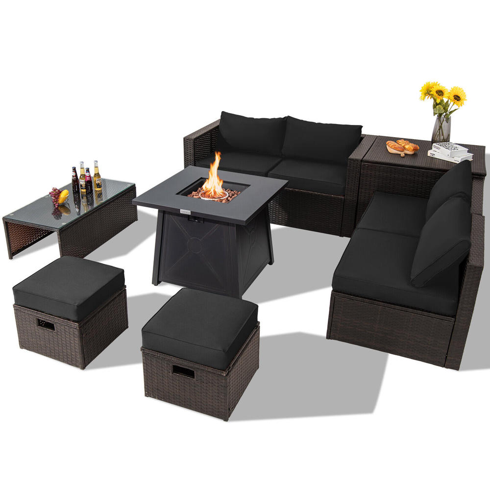 Great Choice Products 9Pcs Patio Rattan Furniture Set Space Saving 30" Fire Pit Table Black Cover