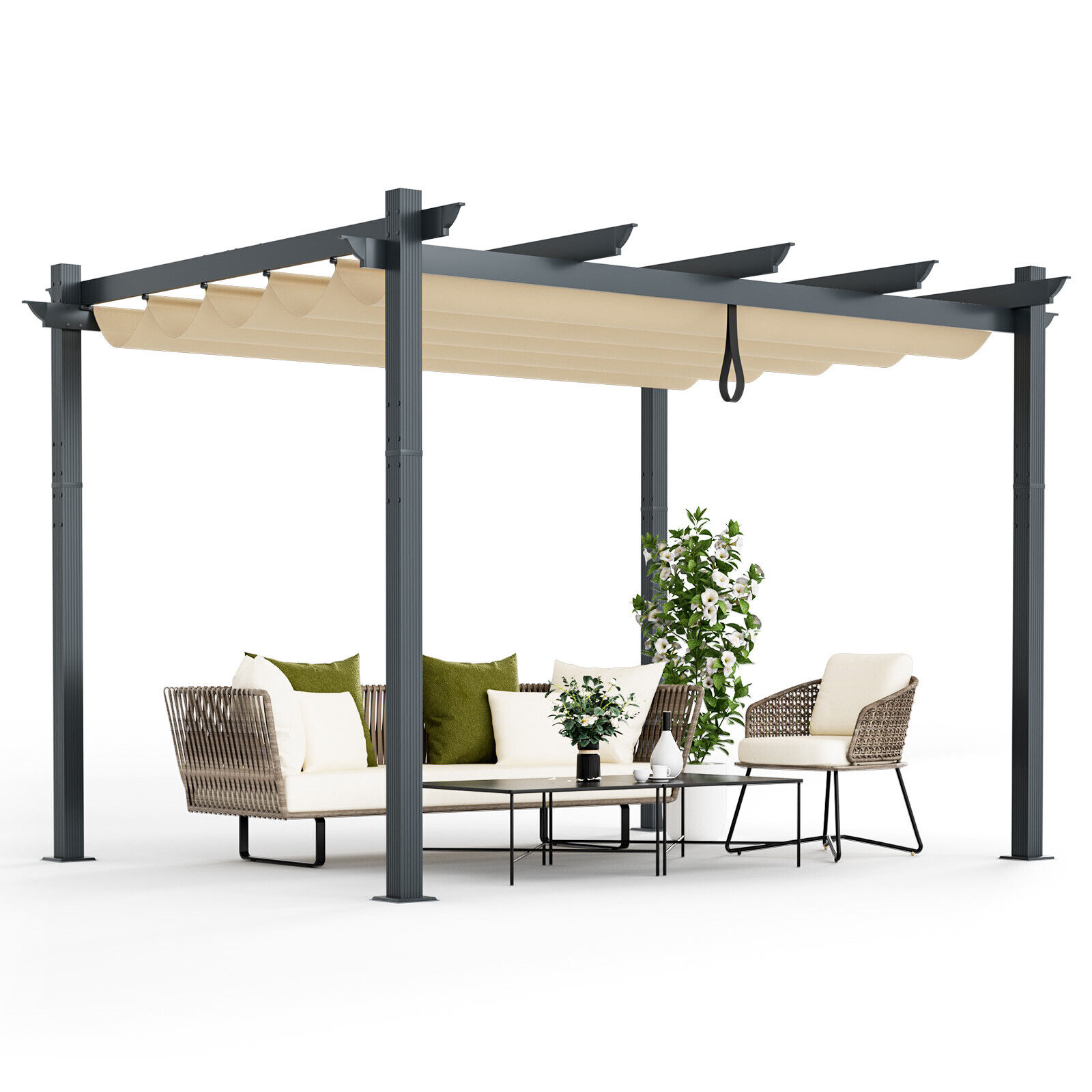 Great Choice Products 10X12Ft Outdoor Aluminum Retractable Pergola Canopy Shelter Grape Trellis Beige