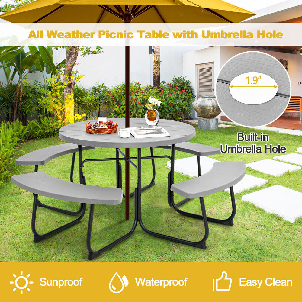 Great Choice Products Outdoor 8-Person Round Picnic Table Bench Set W/ 4 Benches & Umbrella Hole Grey