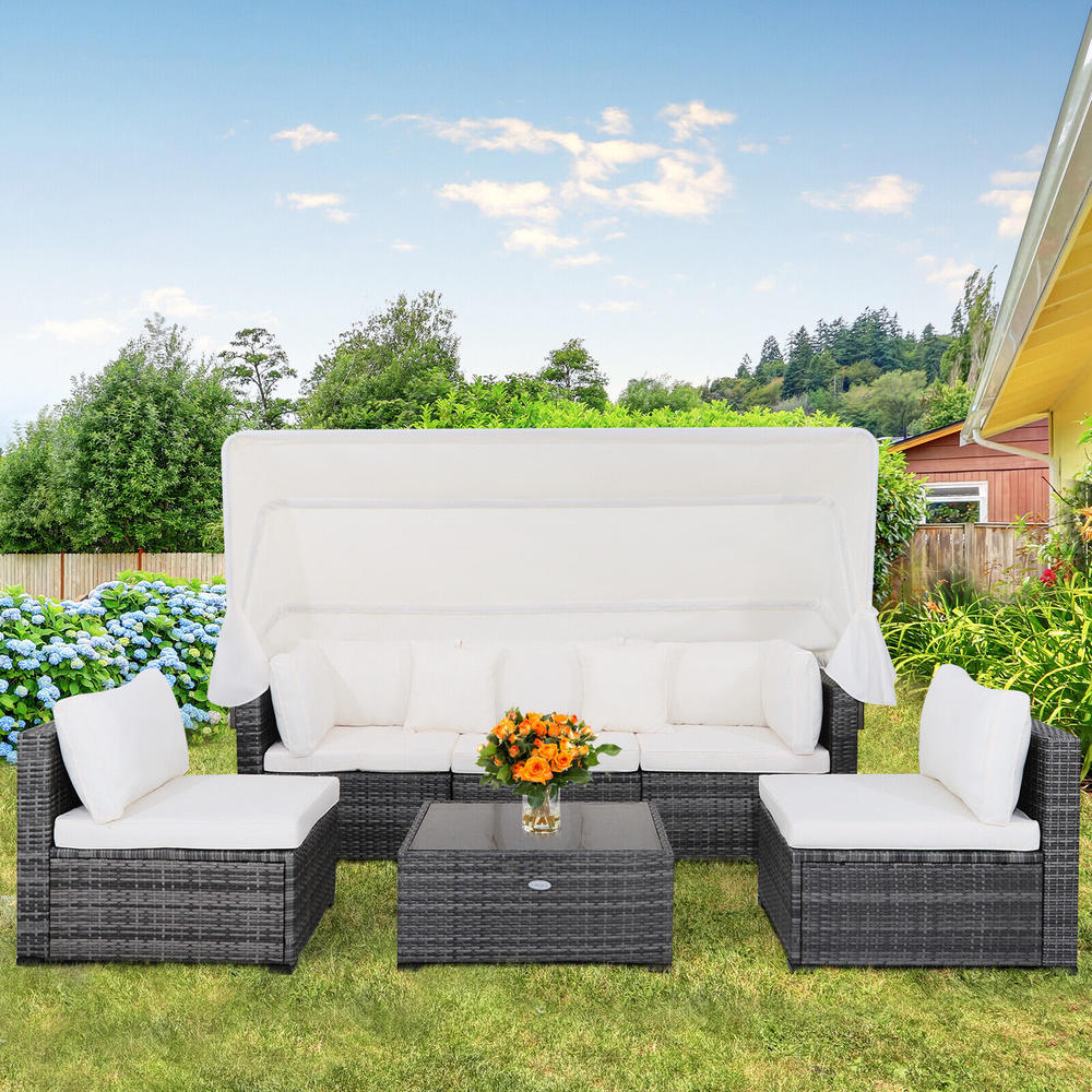 Great Choice Products 6 Pcs Patio Furniture Set Retractable Canopy Conversation Set Off White Cushion