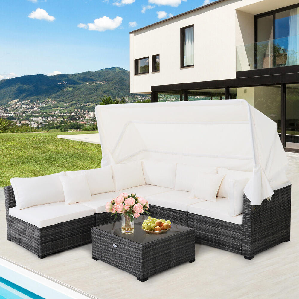 Great Choice Products 6 Pcs Patio Furniture Set Retractable Canopy Conversation Set Off White Cushion