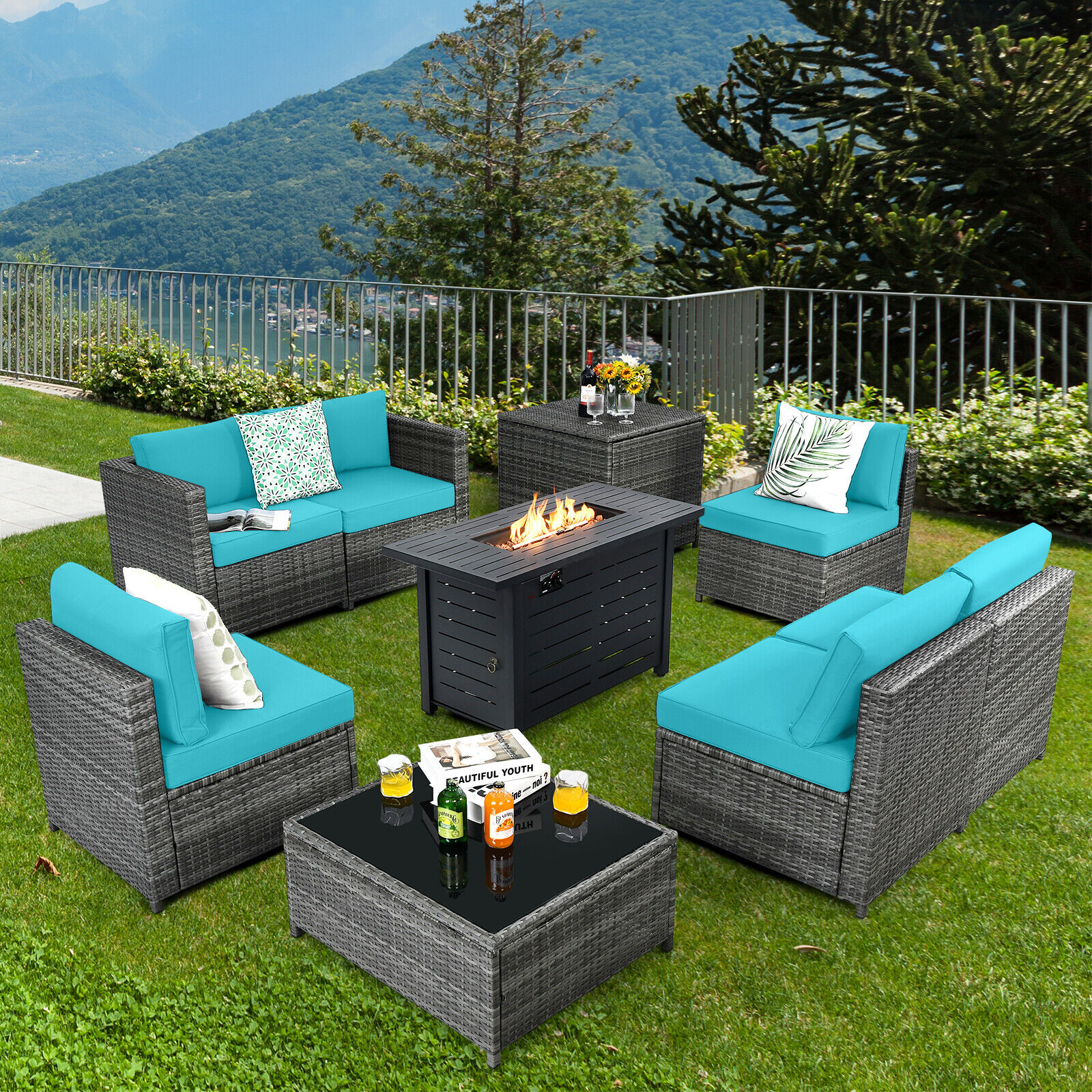 Great Choice Products 9Pcs Rattan Furniture Wicker Sofa Set W/ 60,000 Btu Heater Propane Gas Fire Pit