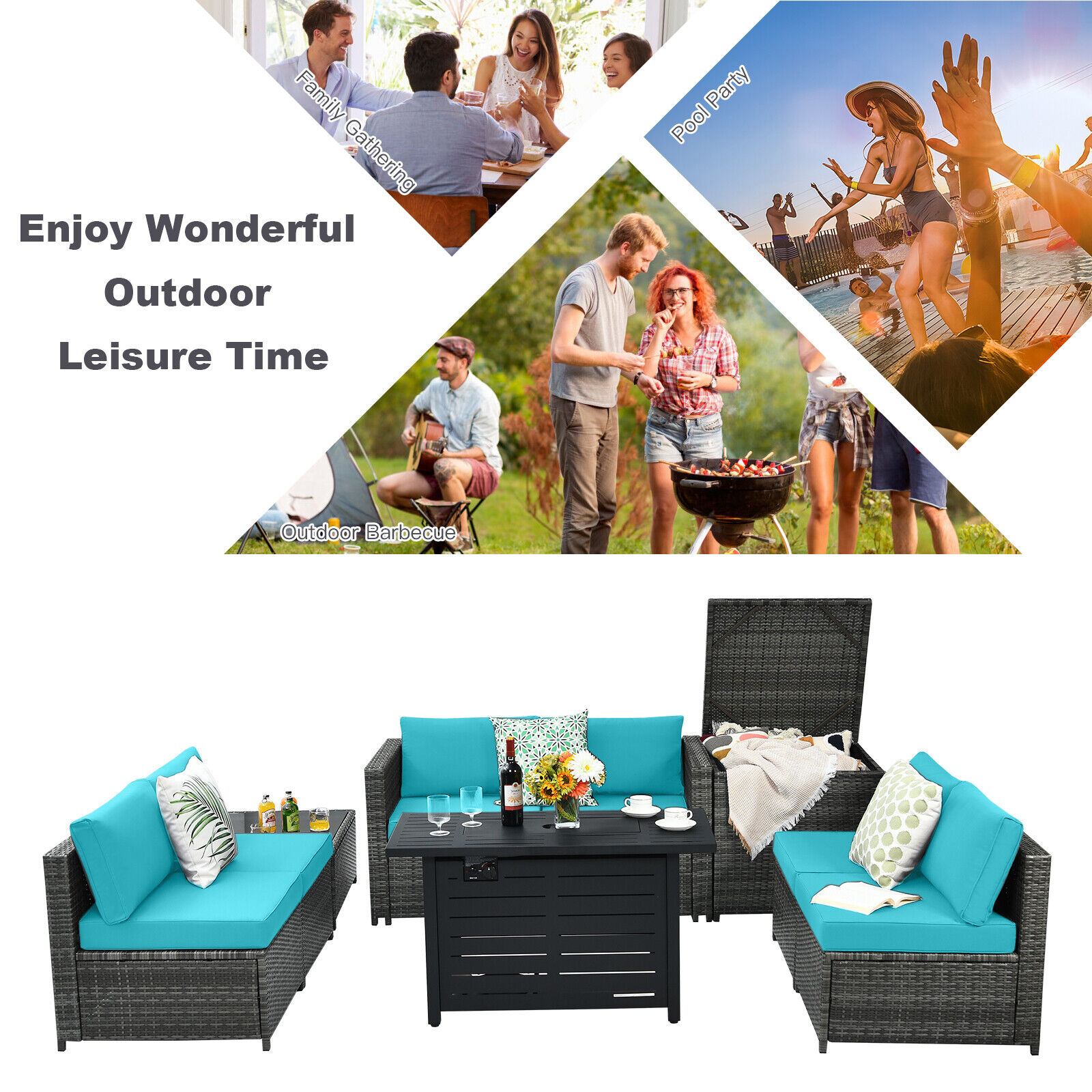 Great Choice Products 9Pcs Rattan Furniture Wicker Sofa Set W/ 60,000 Btu Heater Propane Gas Fire Pit