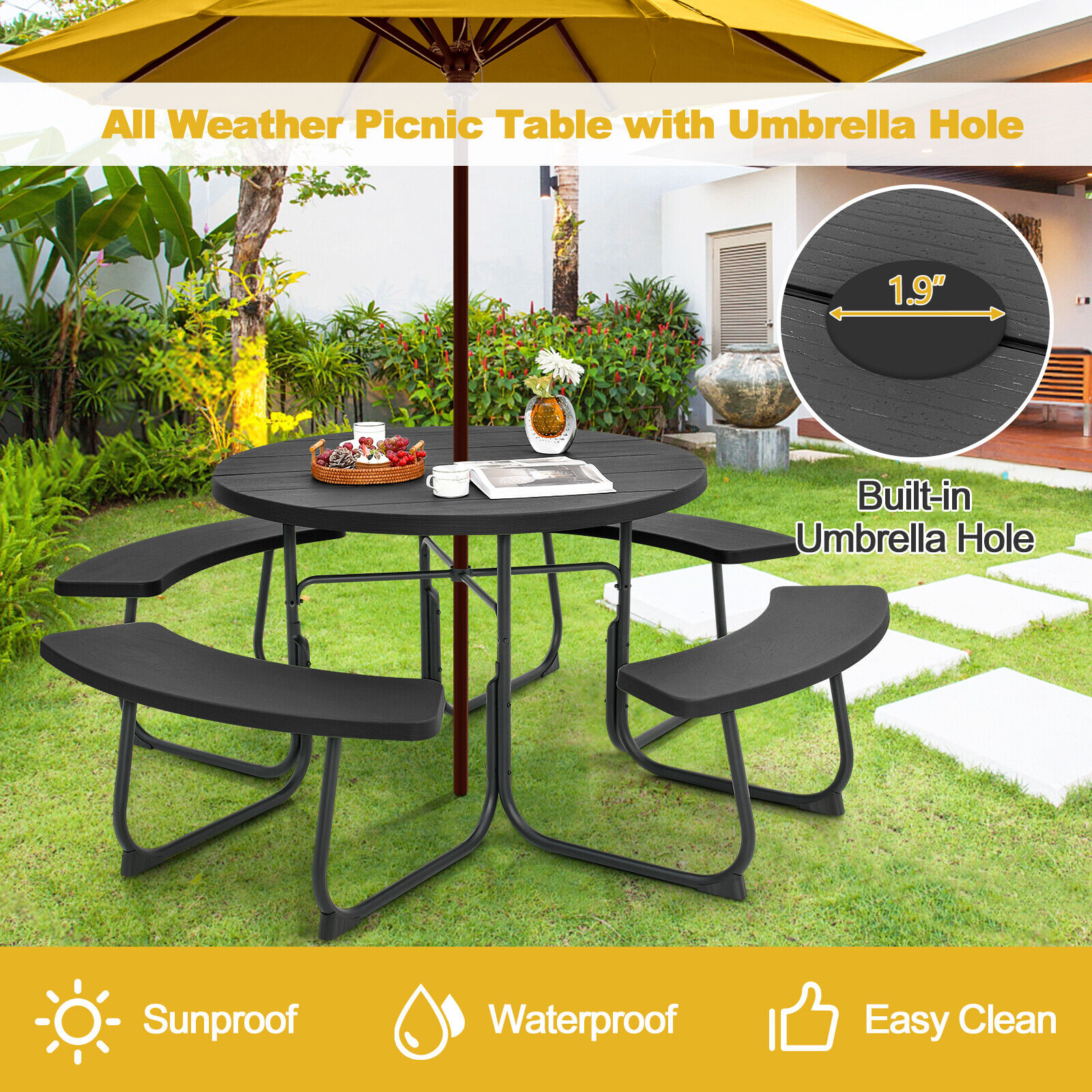 Great Choice Products Outdoor 8-Person Round Picnic Table Bench Set W/ 4 Benches & Umbrella Hole Black
