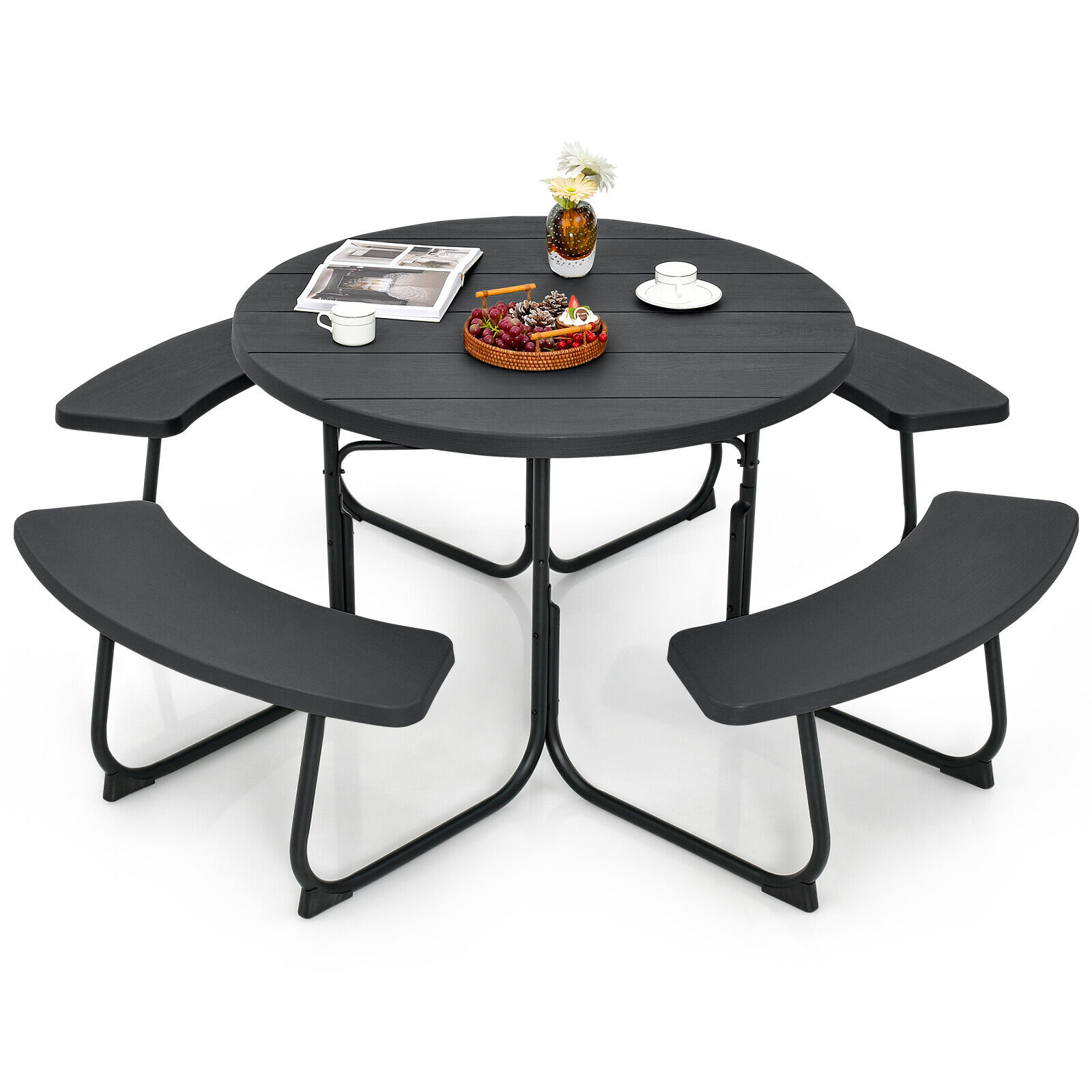 Great Choice Products Outdoor 8-Person Round Picnic Table Bench Set W/ 4 Benches & Umbrella Hole Black