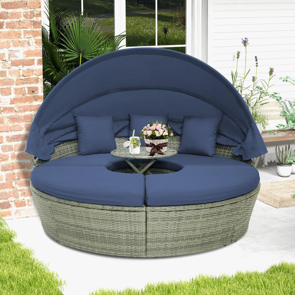 Great Choice Products Patio Rattan Daybed Outdoor Sectional Seating W/ Side Table & Retractable Canopy