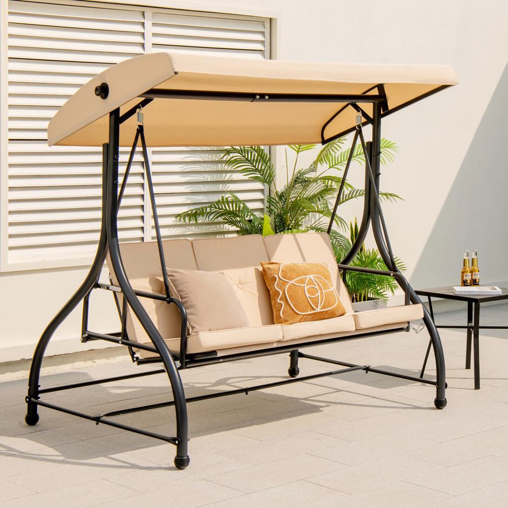 Great Choice Products 3-Seat Outdoor Converting Patio Swing Glider Adjustable Canopy Porch Swing Beige