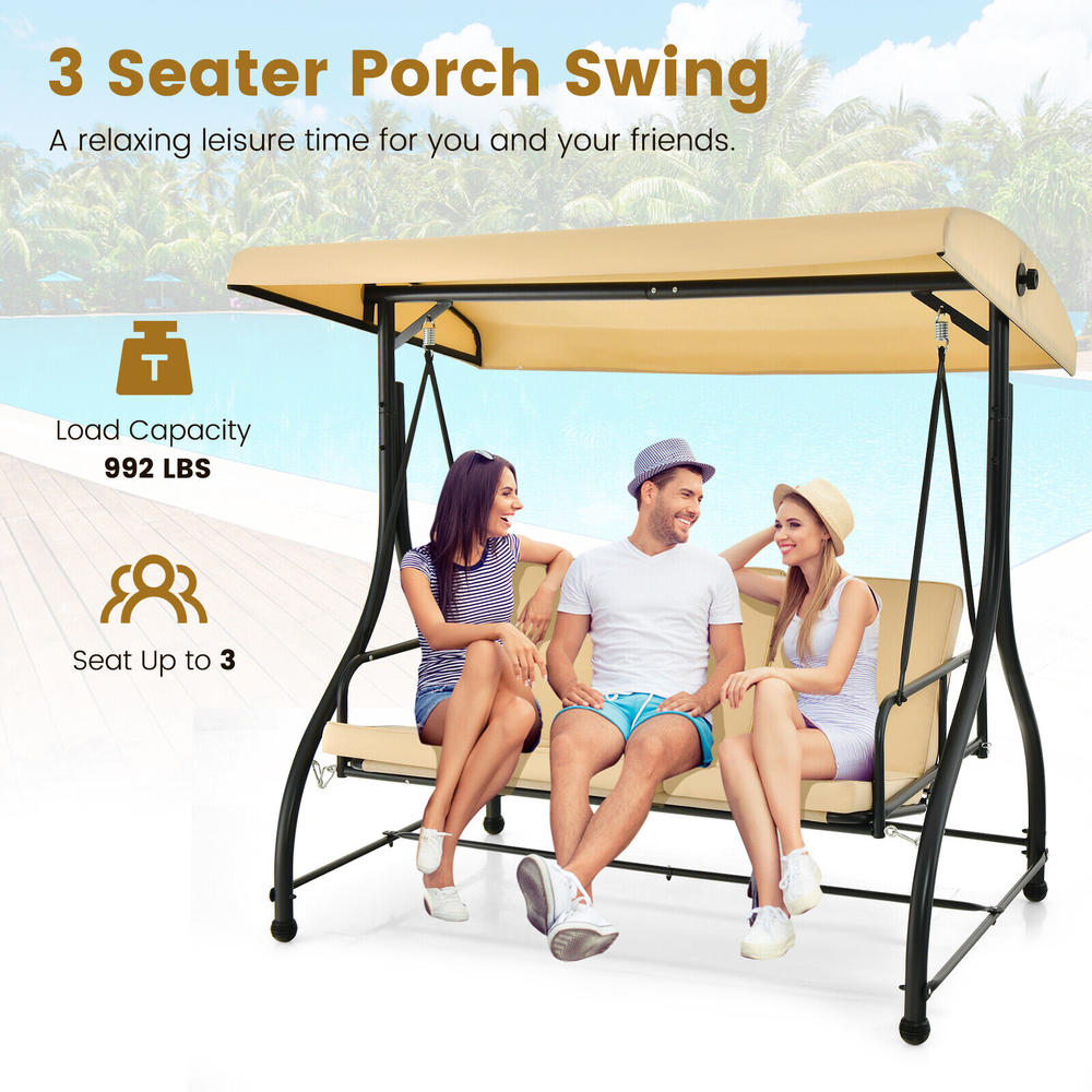 Great Choice Products 3-Seat Outdoor Converting Patio Swing Glider Adjustable Canopy Porch Swing Beige