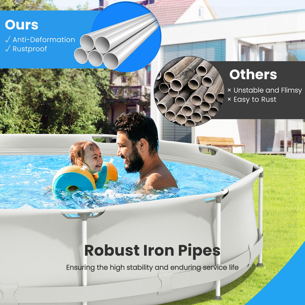Great Choice Products Patio Frame Pool Round Above Ground Swimming Pool W/ Pool Cover Iron Frame Grey