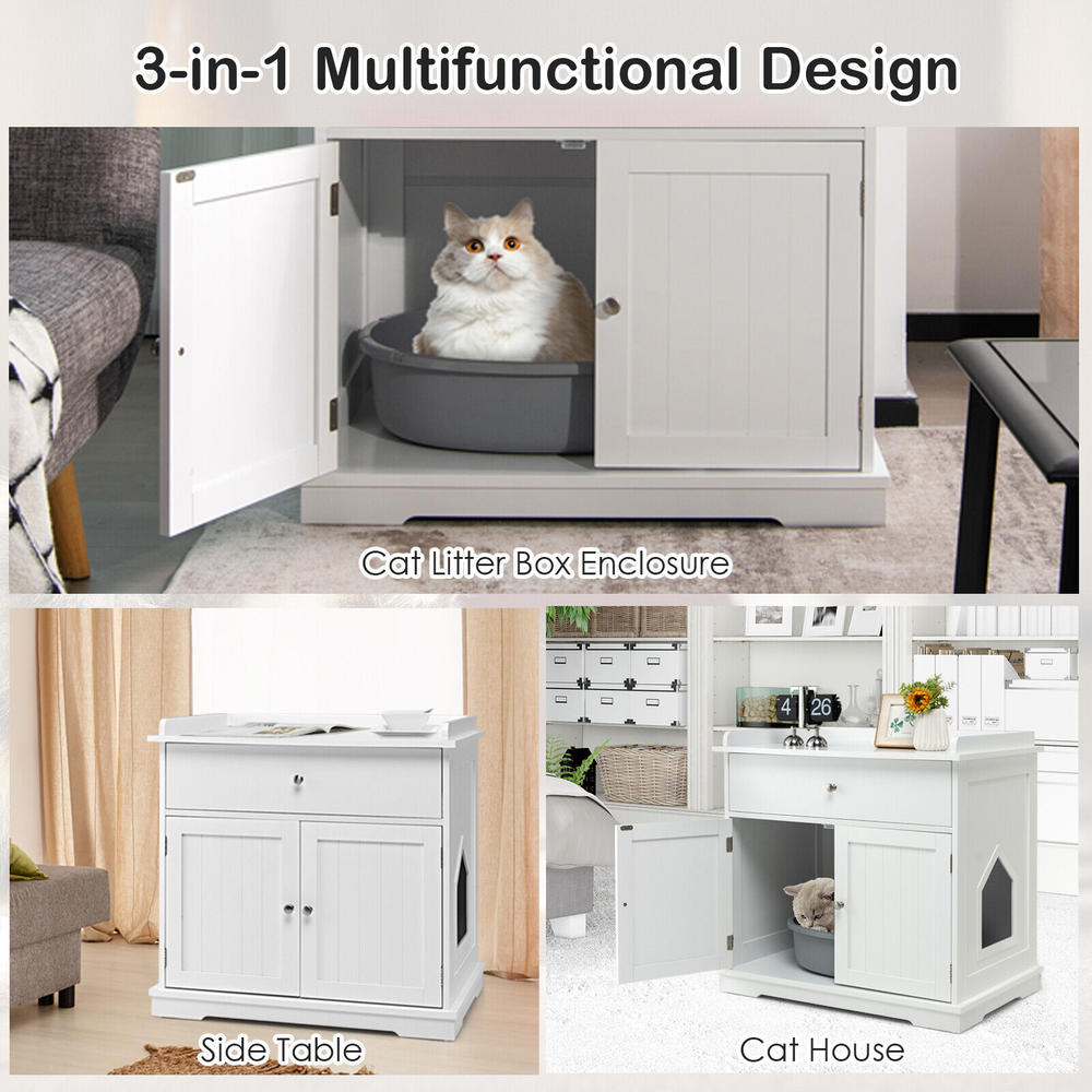 Great Choice Products Wooden Cat Litter Box Enclosure W/ Drawer Side Table Furniture White
