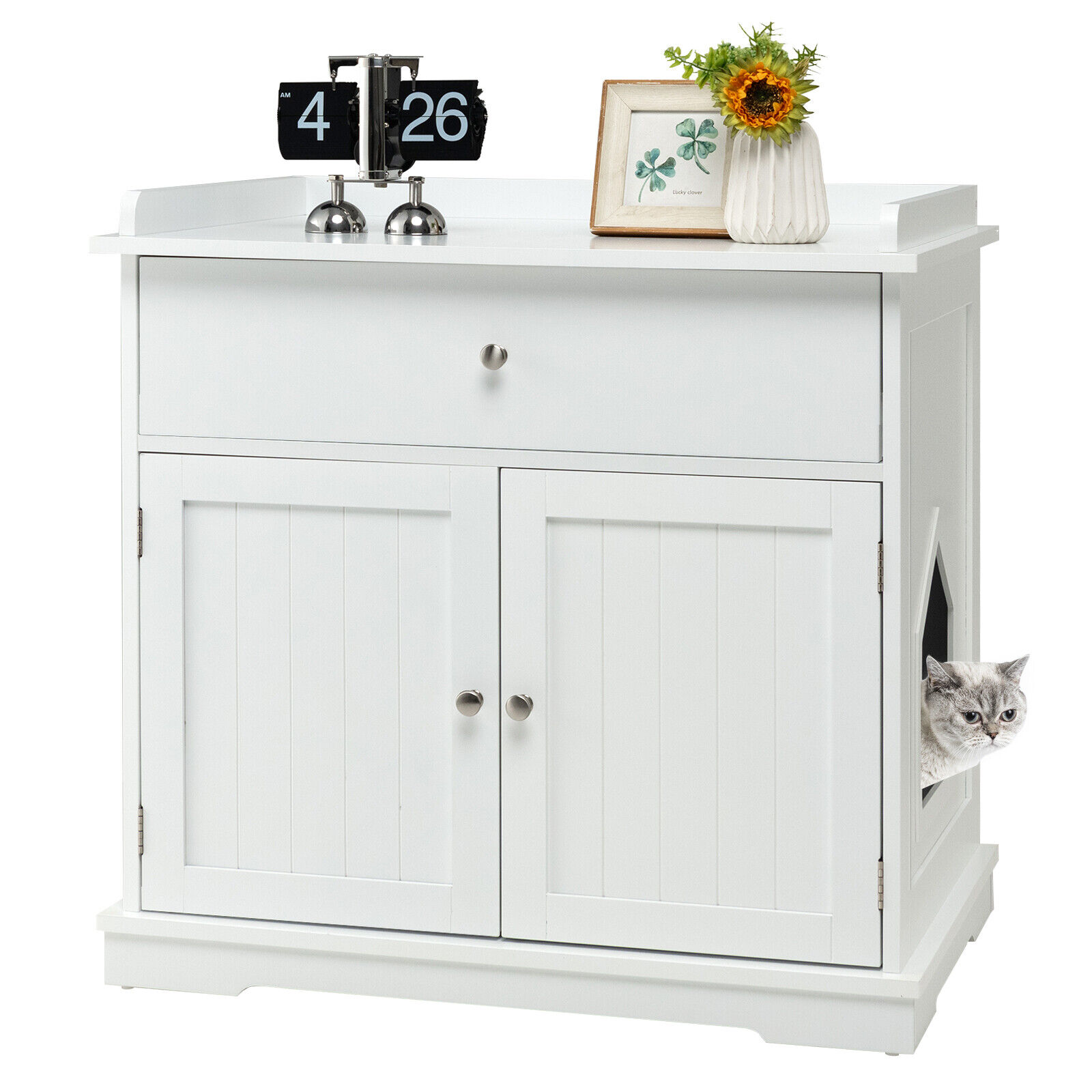 Great Choice Products Wooden Cat Litter Box Enclosure W/ Drawer Side Table Furniture White