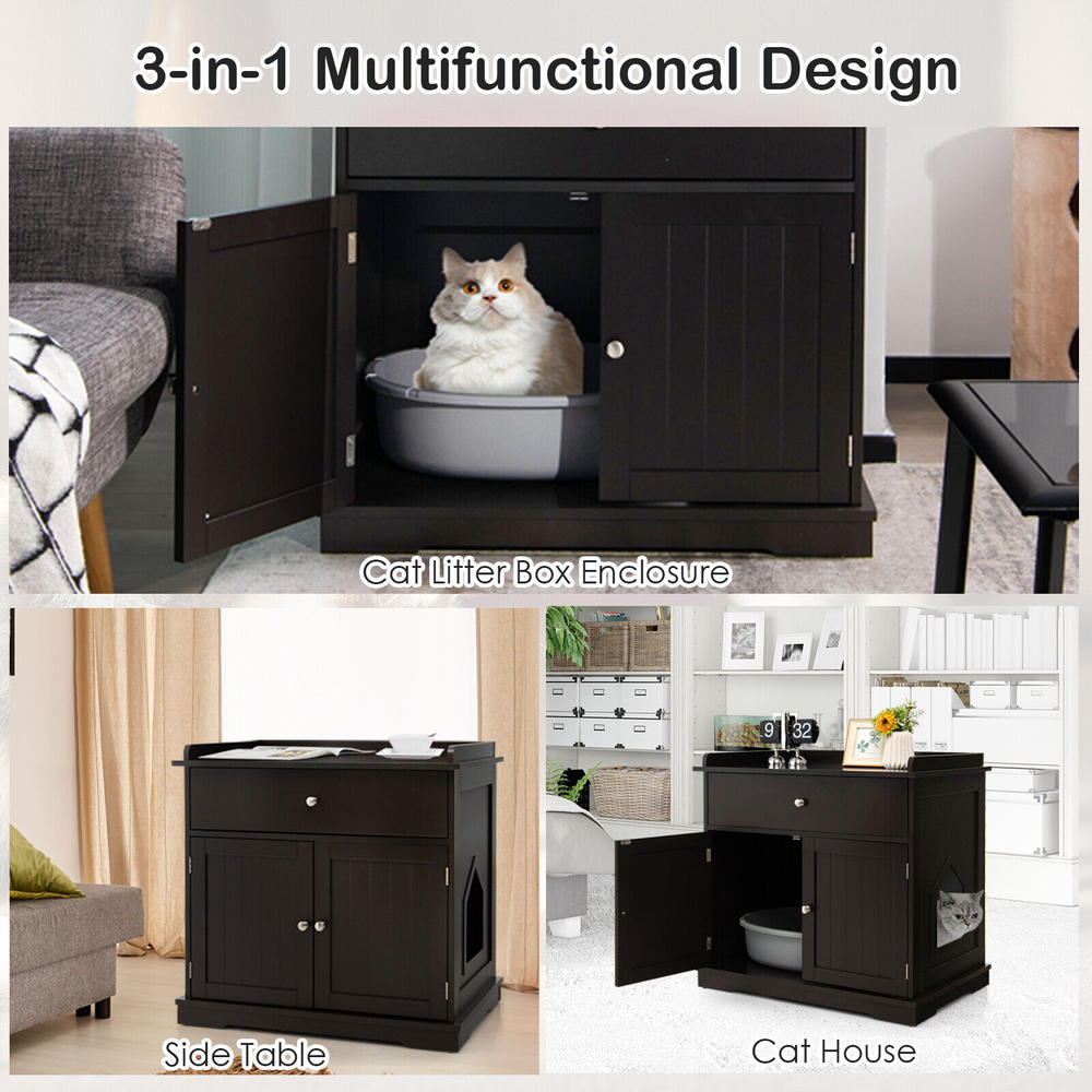 Great Choice Products Wooden Cat Litter Box Enclosure W/ Drawer Side Table Furniture Coffee