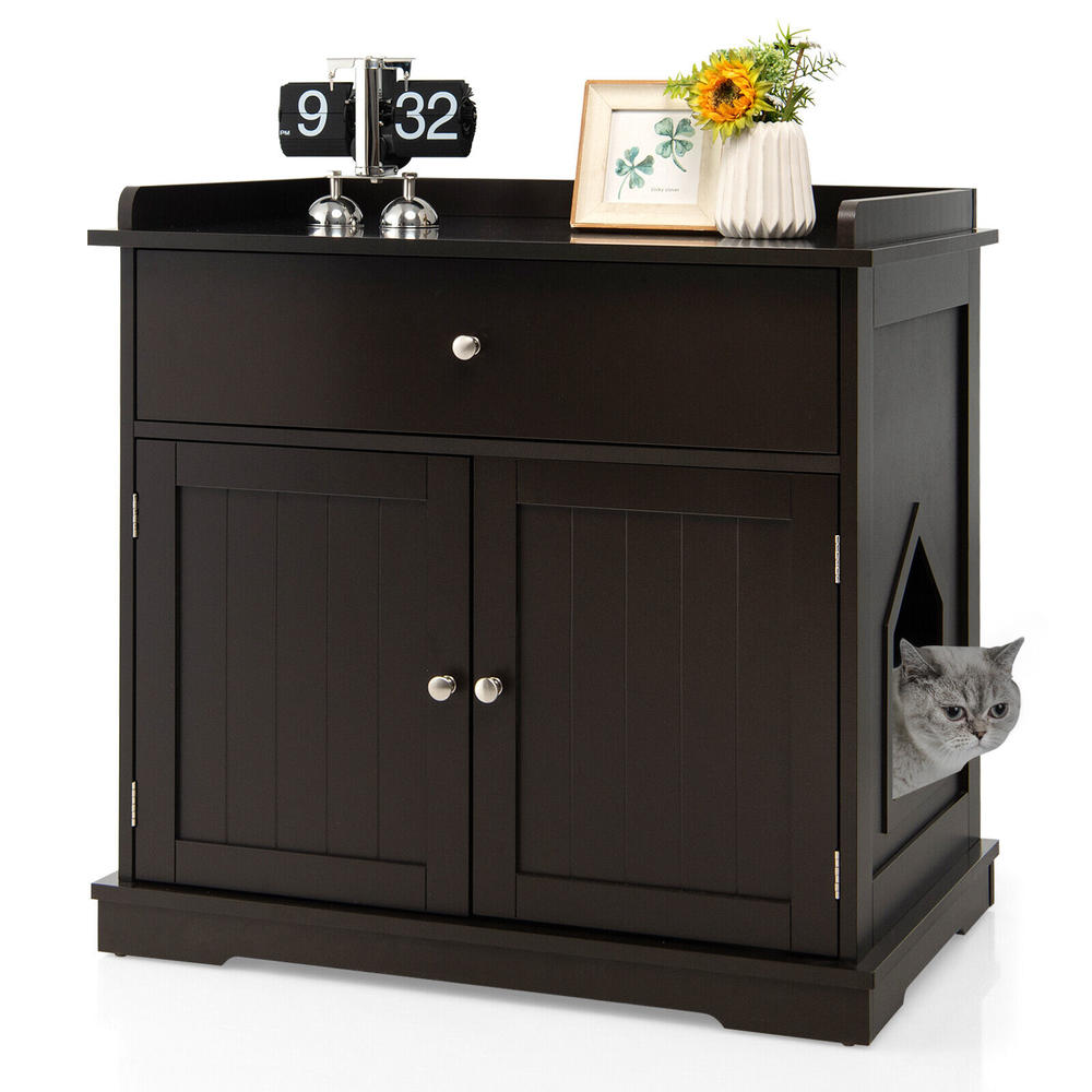 Great Choice Products Wooden Cat Litter Box Enclosure W/ Drawer Side Table Furniture Coffee