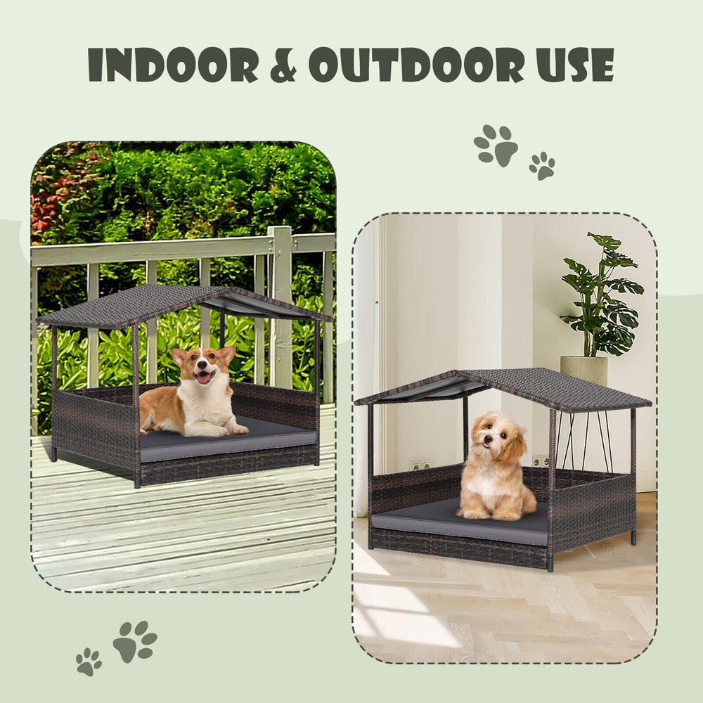Great Choice Products Wicker Dog House W/ Cushion Lounge Raised Rattan Bed For Indoor/Outdoor Grey